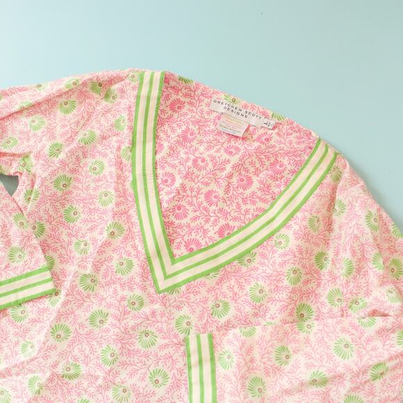 Gretchen Scott Okeefe Pink Green Trim Pattern Tunic Top Size Large 100% Cotton - Picture 2 of 7